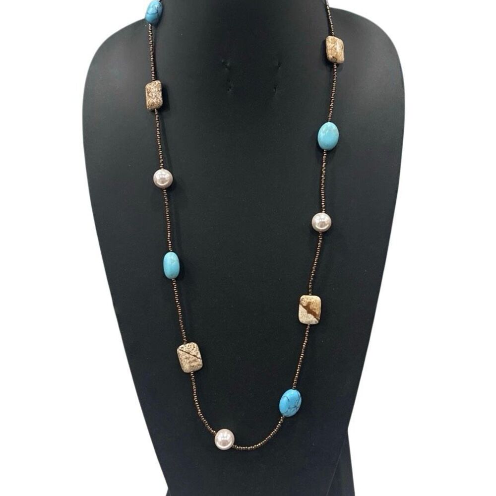 Retired Lia Sophia Capri Beaded Station Necklace Turquoise Jasper & Faux Pearl